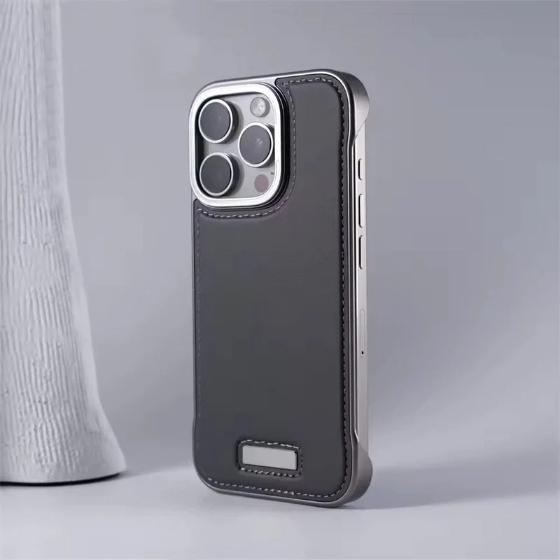 Premium iPhone Case Ultra Thin Borderless PU Leather Magnetic Shockproof Cover with Metal Lens Frame Non Slip Matte Protective Design