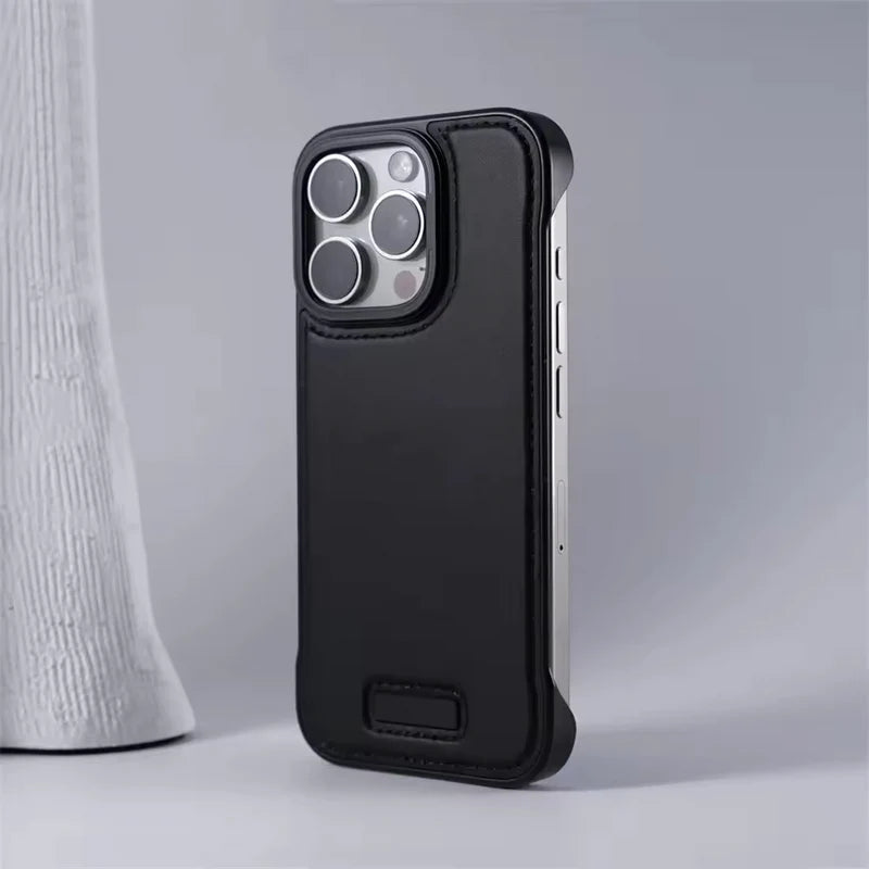 Premium iPhone Case Ultra Thin Borderless PU Leather Magnetic Shockproof Cover with Metal Lens Frame Non Slip Matte Protective Design