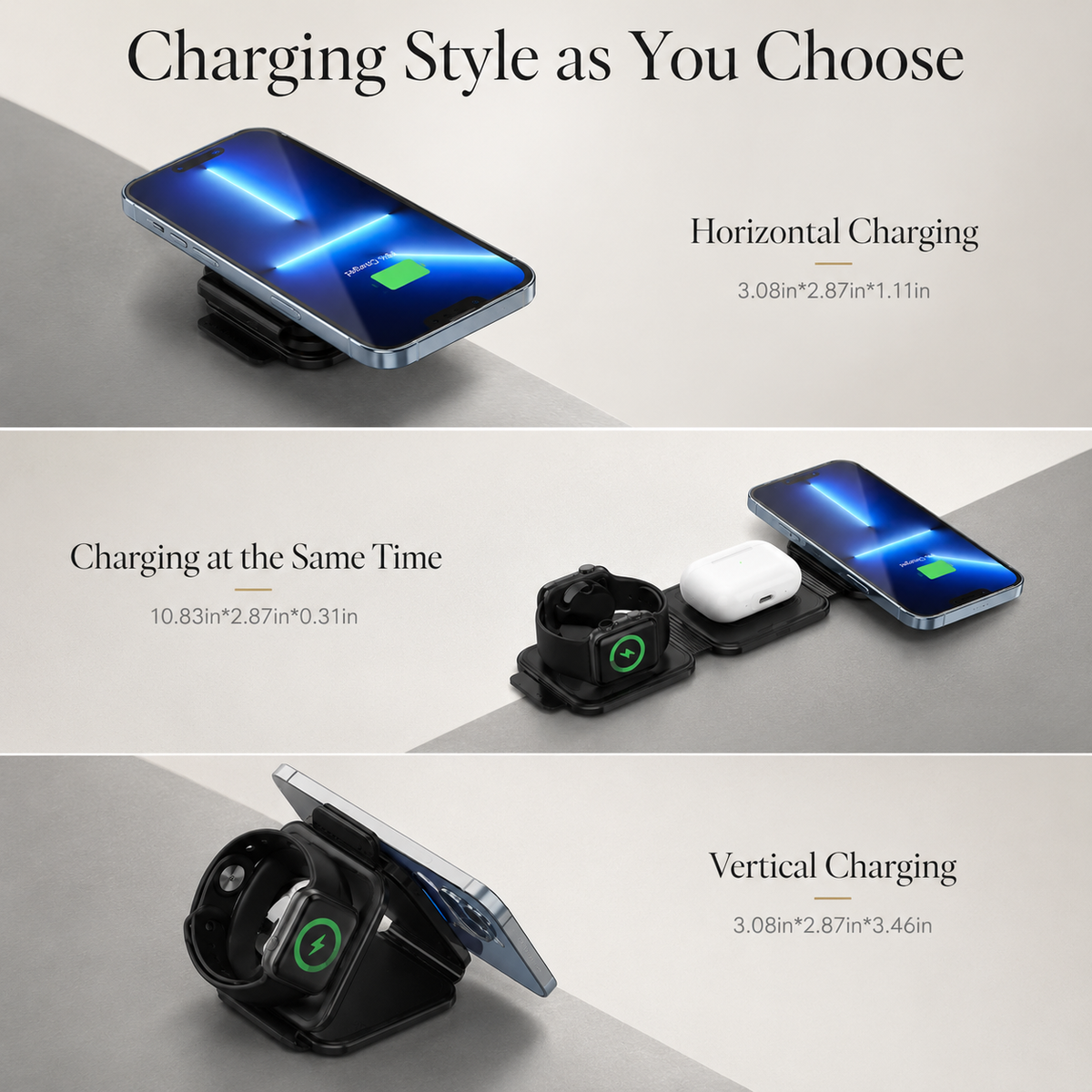 Premium Wireless Charger 3 In 1 Foldable MagSafe Compatible Fast Charging Station Magnetic Portable Charging Dock Smartphone Watch Earbuds