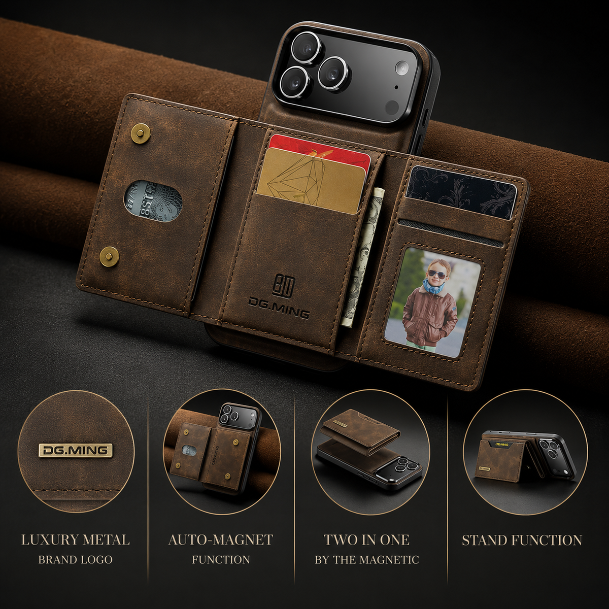 Premium iPhone Case 2 In 1 Detachable Magnetic Leather Wallet Cover Card Slots Kickstand Full Body Protection