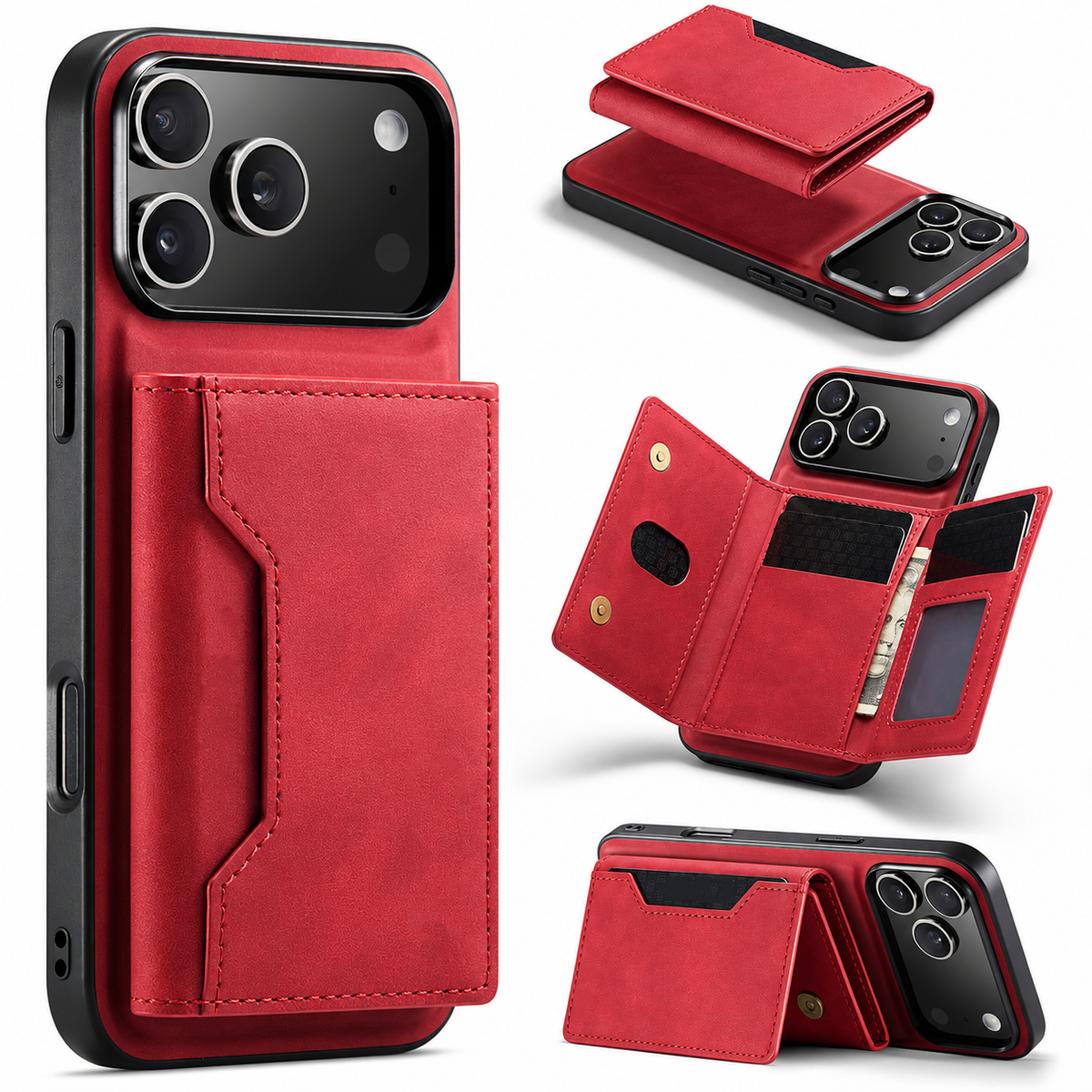 Premium iPhone Case 2 In 1 Detachable Magnetic Leather Wallet Cover Card Slots Kickstand Full Body Protection