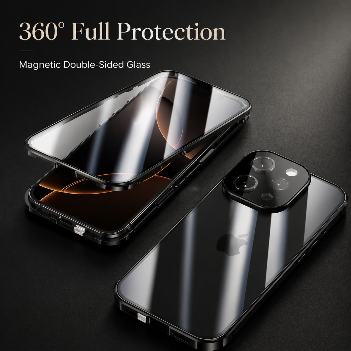 Premium iPhone Case 360 Full Protection Magnetic Glass Cover Aluminum Alloy Frame Shockproof Anti Scratch Bumper Full Coverage
