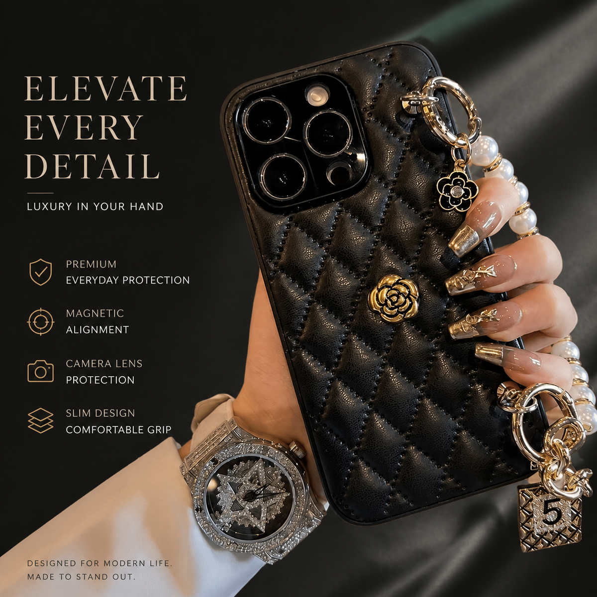 Premium iPhone Case 3D Camellia Floral Cover Chain Strap Shockproof Elegant Slim Lightweight Design