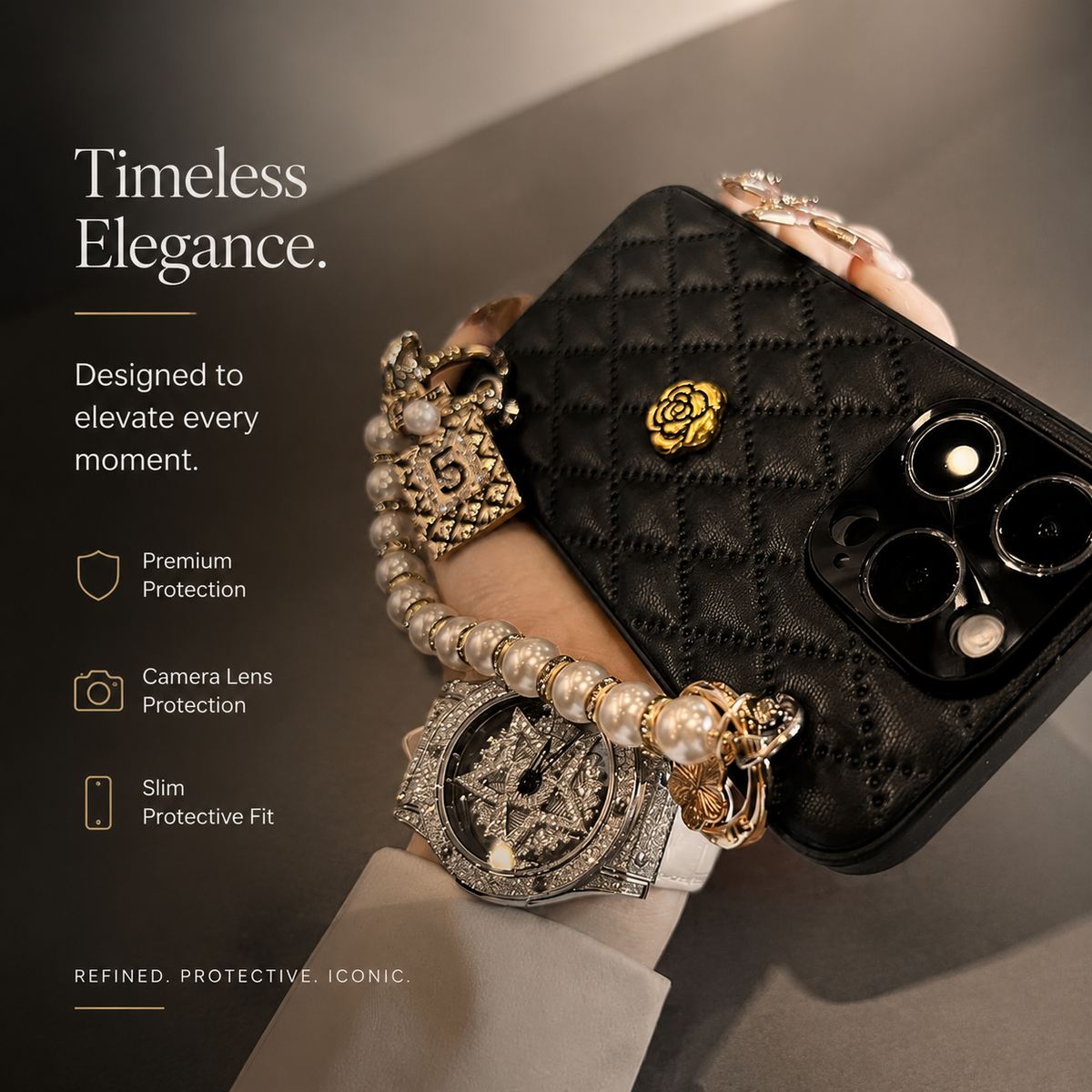 Premium iPhone Case 3D Camellia Floral Cover Chain Strap Shockproof Elegant Slim Lightweight Design