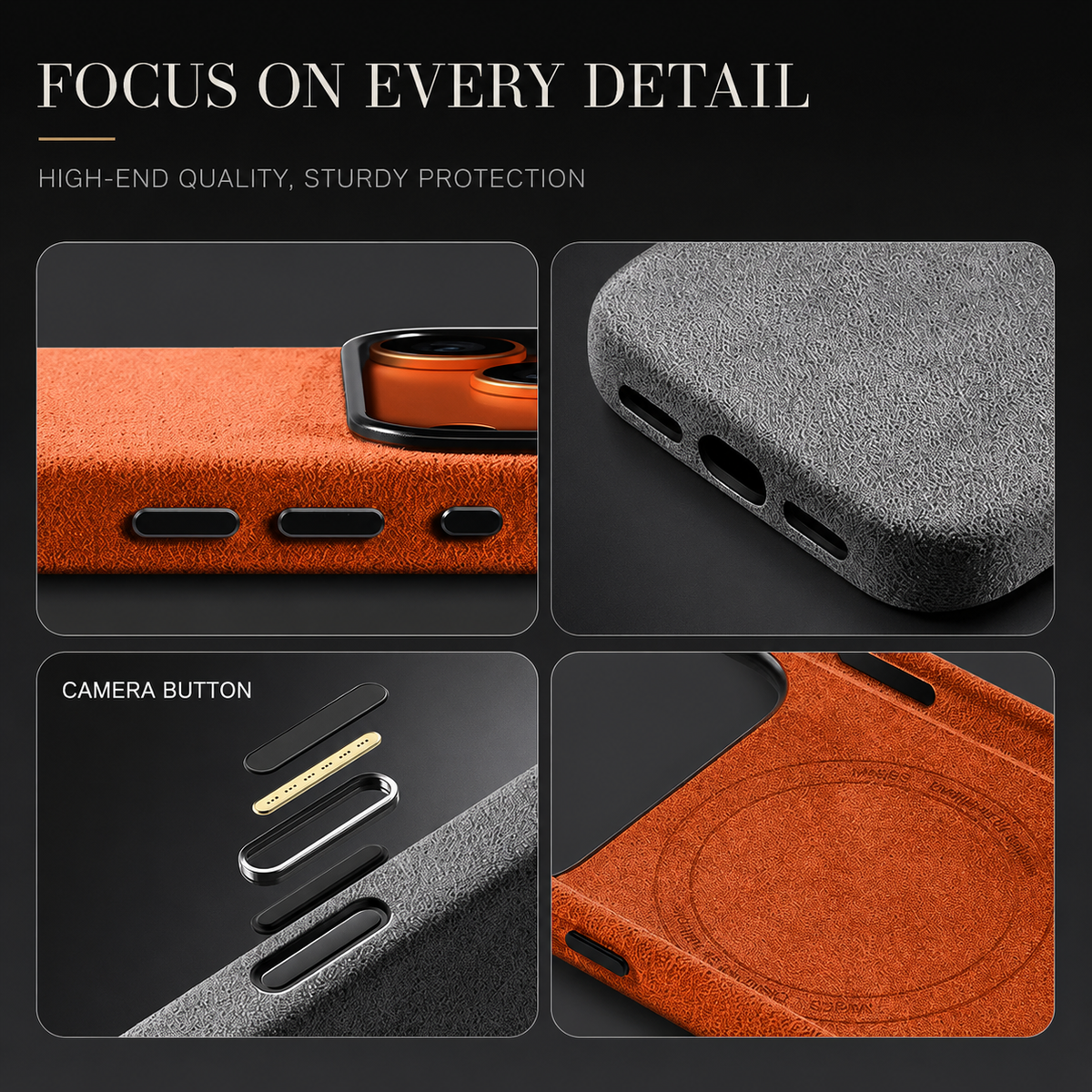 Premium iPhone Case Alcantara Magnetic Cover MagSafe Compatible Smart Button Protective Luxury Full Coverage Case