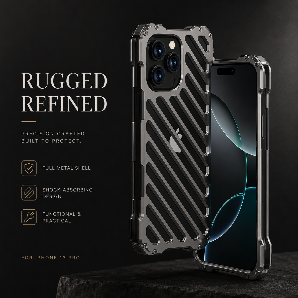 Premium iPhone Case Aluminum Armor Bumper Shockproof Metal Gear Transparent Hard Cover Camera Lens Protection Case