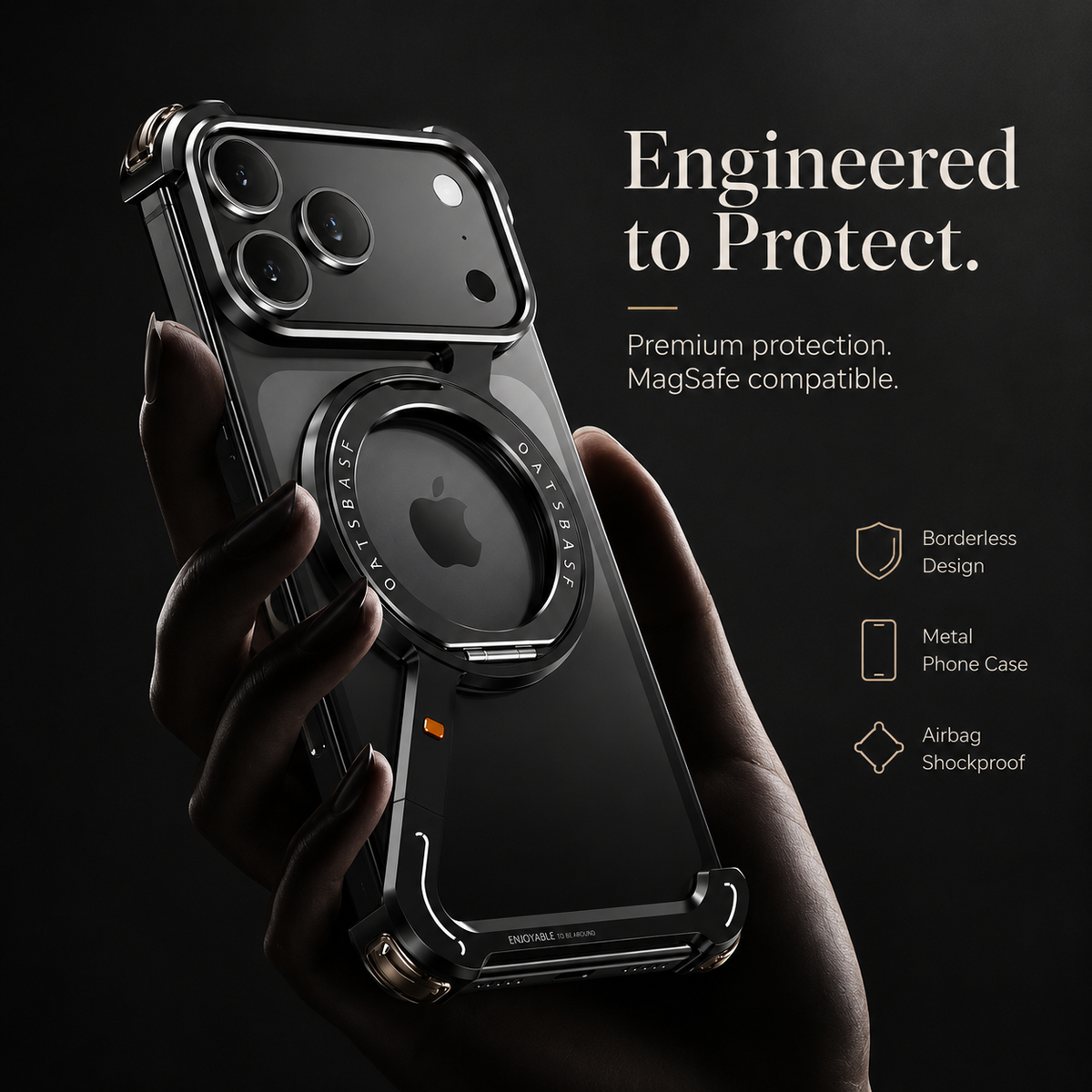 Premium iPhone Case Aluminum Magnetic Cover MagSafe Compatible Frameless Shockproof Rotating Ring Stand Camera Lens Protection
