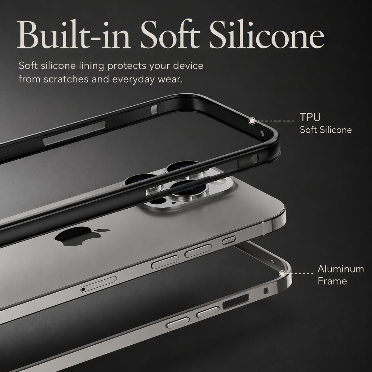 Premium iPhone Case Aluminum Metal Frame Bumper Cover Silicone Protection Shockproof Durable Rugged Edge Protection Case