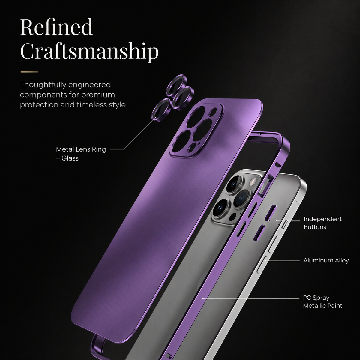 Premium iPhone Case Aluminum Metal Frame Cover Shockproof PC Back Camera Lens Protection Slim Lightweight Design