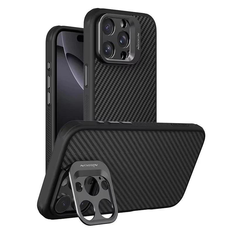 Premium iPhone Case Aramid Fiber Kevlar 600D Half Wrapped Cover with MagSafe Invisible Camera Ring Stand Shockproof Anti Fingerprint Design