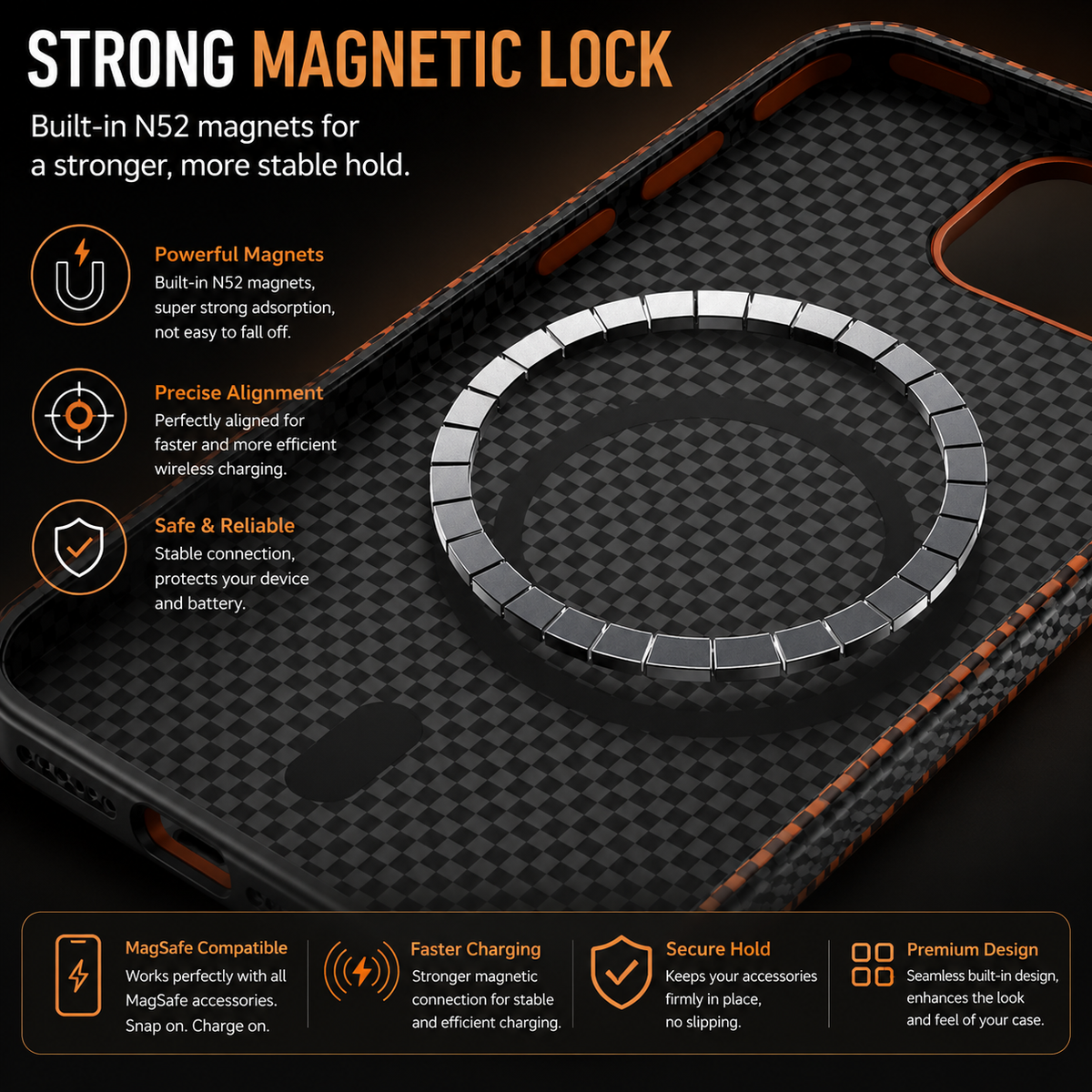 Premium iPhone Case Carbon Fiber Pattern MagSafe Compatible Kevlar Style Shockproof PC Hard Protective Cover with Magnetic Alignment Design