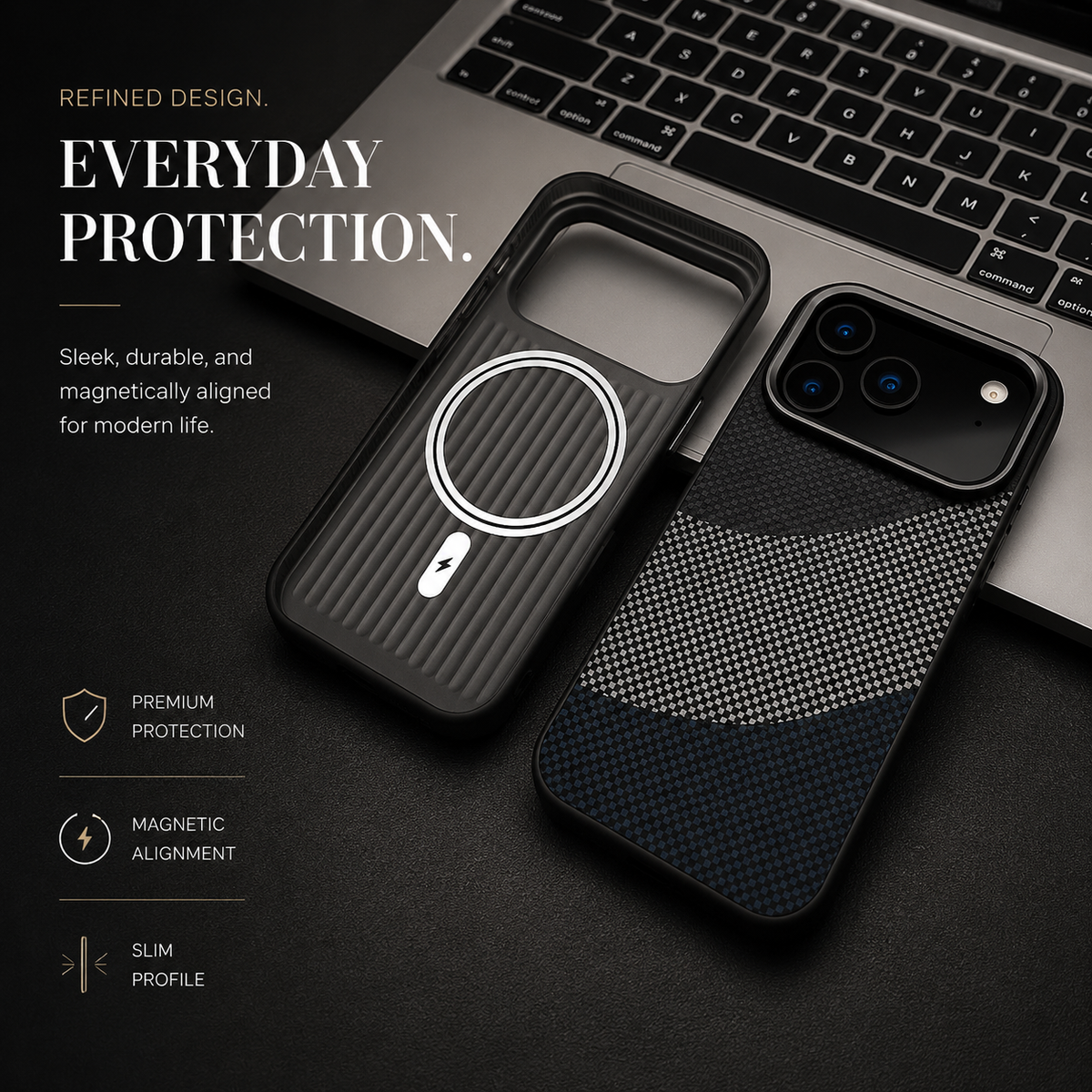 Premium iPhone Case Carbon Fiber Texture MagSafe Armor Cover Alloy Lens Protection Shockproof Non Slip Full Coverage Protective Case