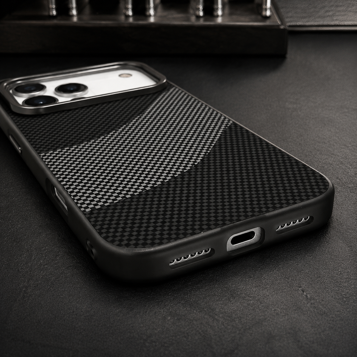 Premium iPhone Case Carbon Fiber Texture MagSafe Armor Cover Alloy Lens Protection Shockproof Non Slip Full Coverage Protective Case