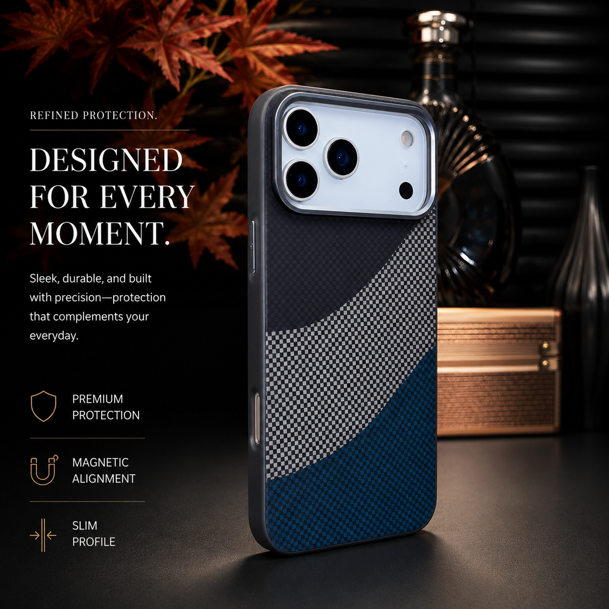 Premium iPhone Case Carbon Fiber Texture MagSafe Armor Cover Alloy Lens Protection Shockproof Non Slip Full Coverage Protective Case