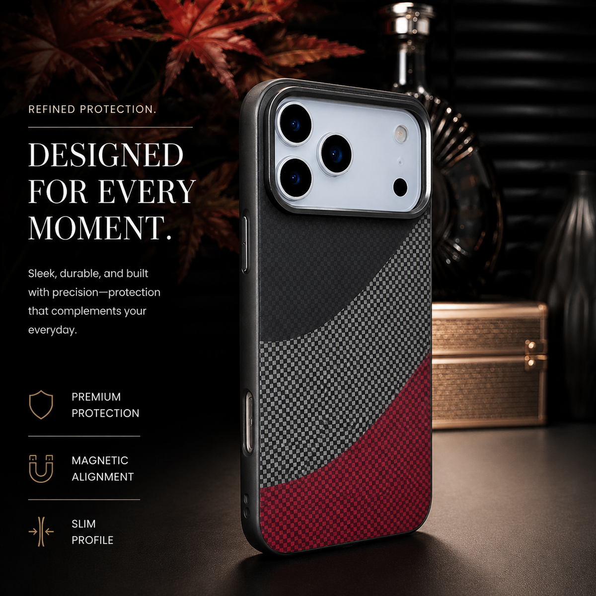 Premium iPhone Case Carbon Fiber Texture MagSafe Armor Cover Alloy Lens Protection Shockproof Non Slip Full Coverage Protective Case