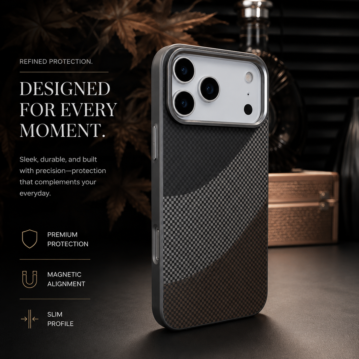 Premium iPhone Case Carbon Fiber Texture MagSafe Armor Cover Alloy Lens Protection Shockproof Non Slip Full Coverage Protective Case