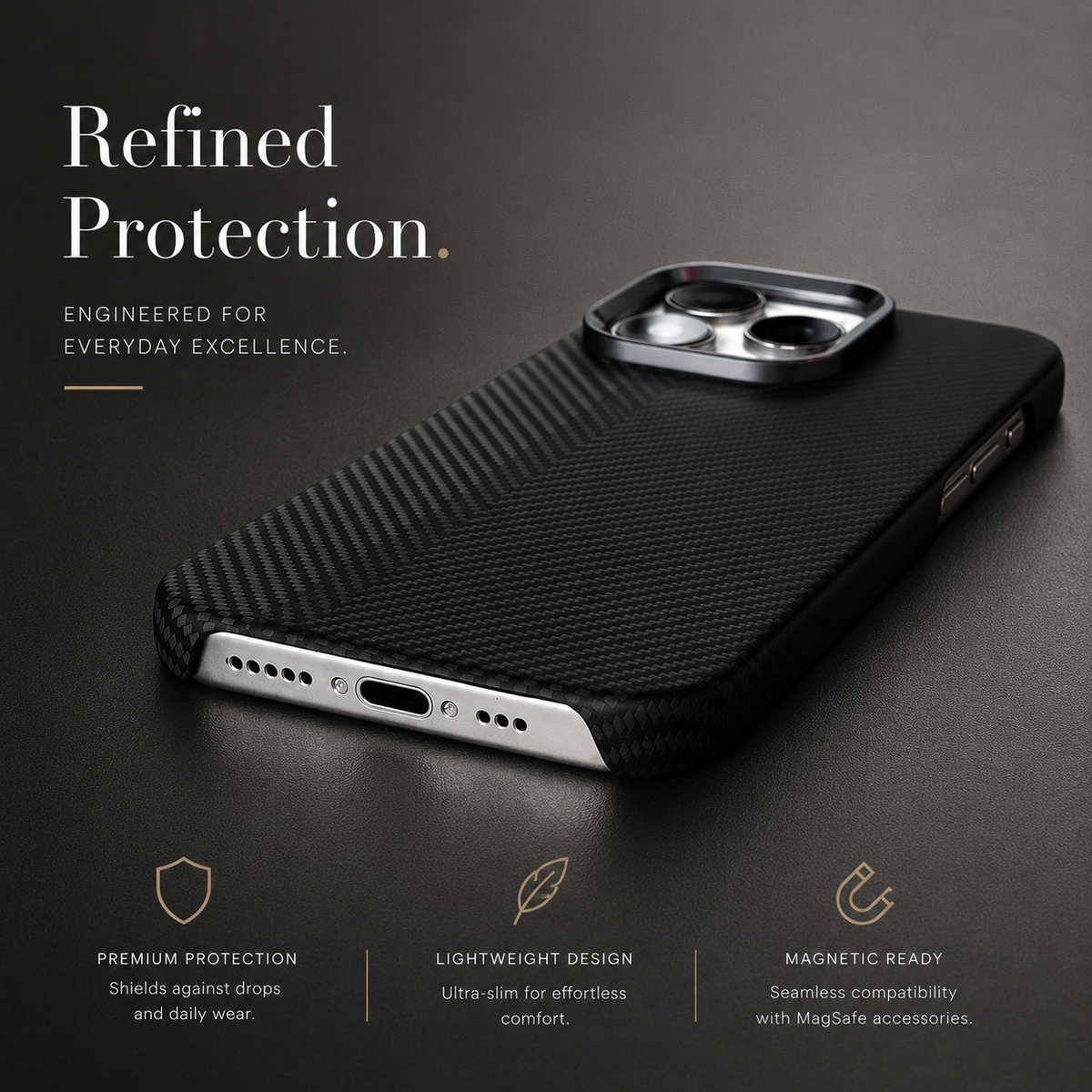 Premium iPhone Case Carbon Fiber Texture Magnetic MagSafe Compatible Shock Absorbing Hybrid Protective Cover