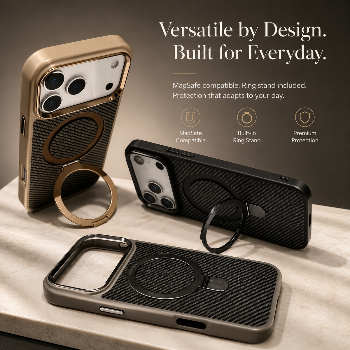 Premium iPhone Case Carbon Fiber Texture Magnetic Stand Holder Cover Shockproof Anti Fingerprint Protection