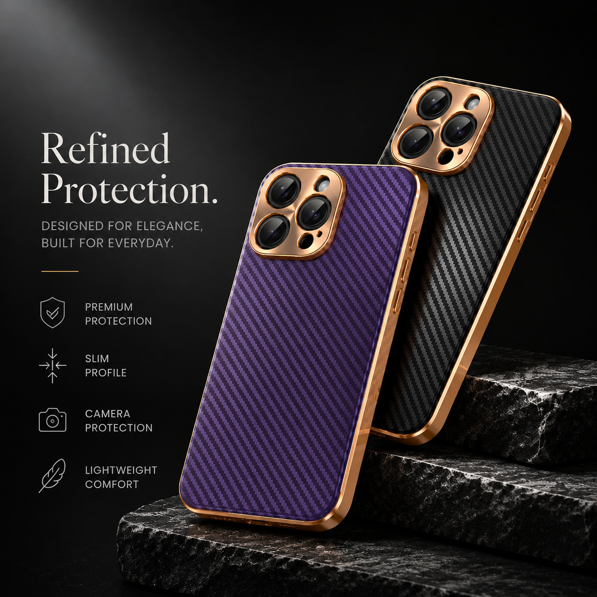 Premium iPhone Case Carbon Fiber Textured Leather Cover Alloy Metal Lens Protection Shockproof Slim Design