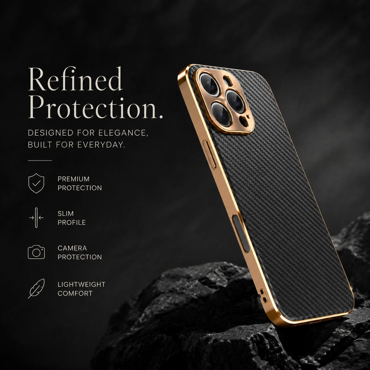 Premium iPhone Case Carbon Fiber Textured Leather Cover Alloy Metal Lens Protection Shockproof Slim Design