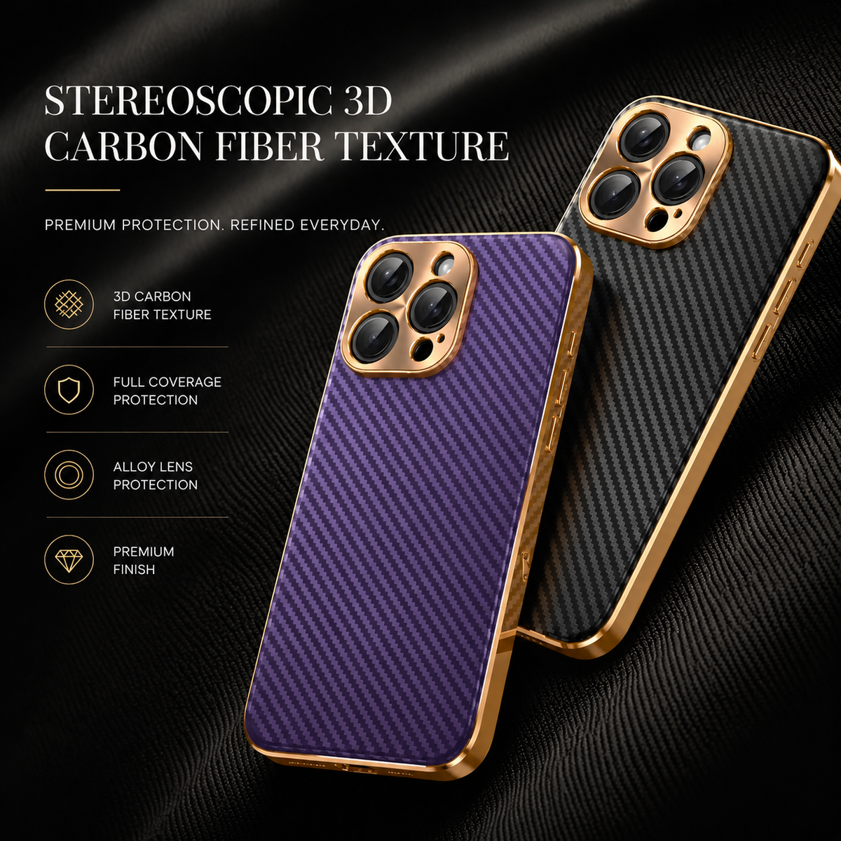 Premium iPhone Case Carbon Fiber Textured Leather Cover Alloy Metal Lens Protection Shockproof Slim Design