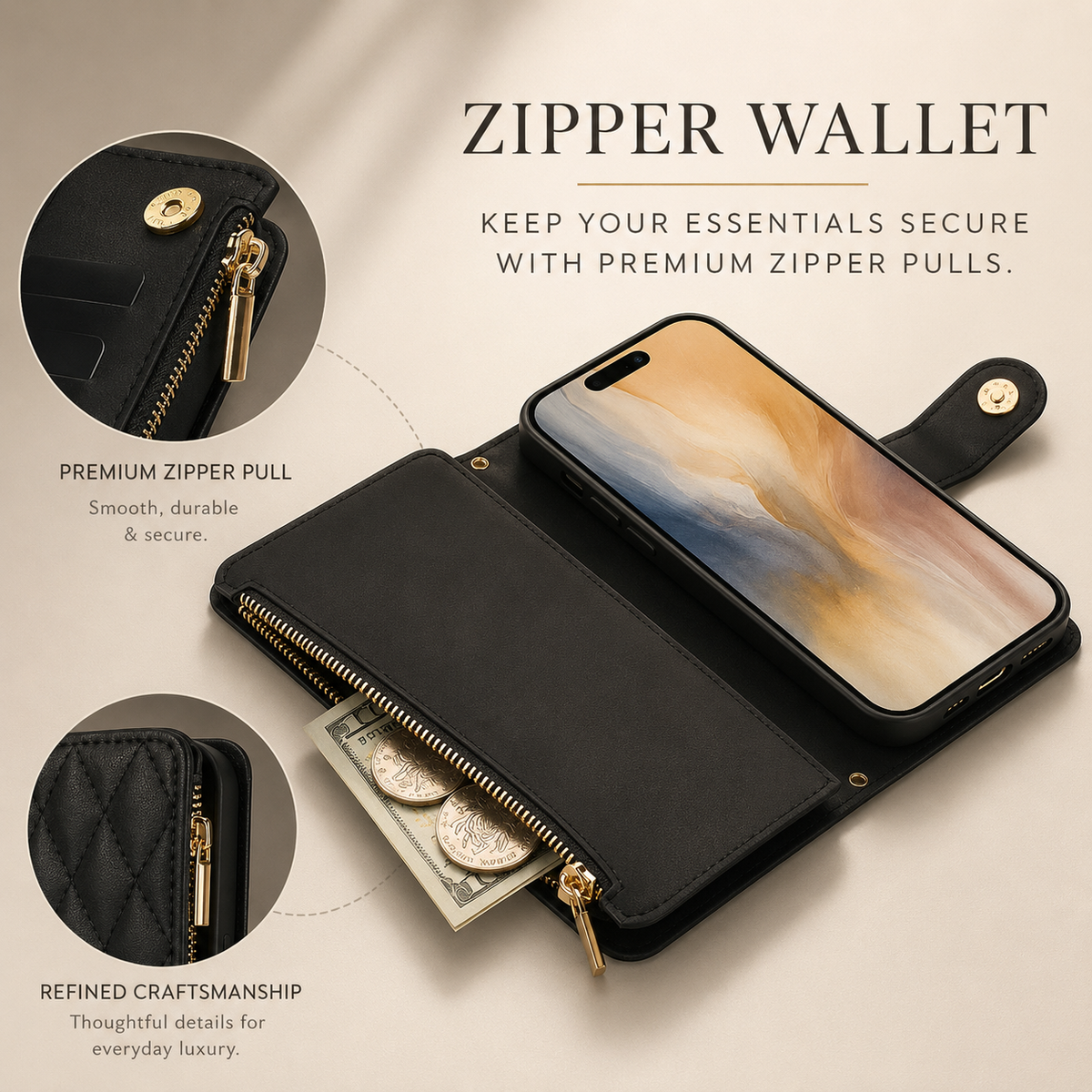Premium iPhone Case Chain Zipper Wallet Flip Cover 6 Card Slots Magnetic Shockproof Leather Protection