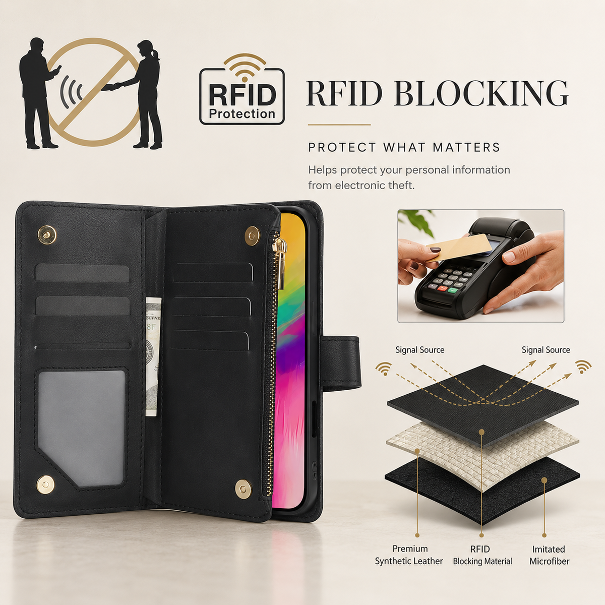 Premium iPhone Case Chain Zipper Wallet Flip Cover 6 Card Slots Magnetic Shockproof Leather Protection