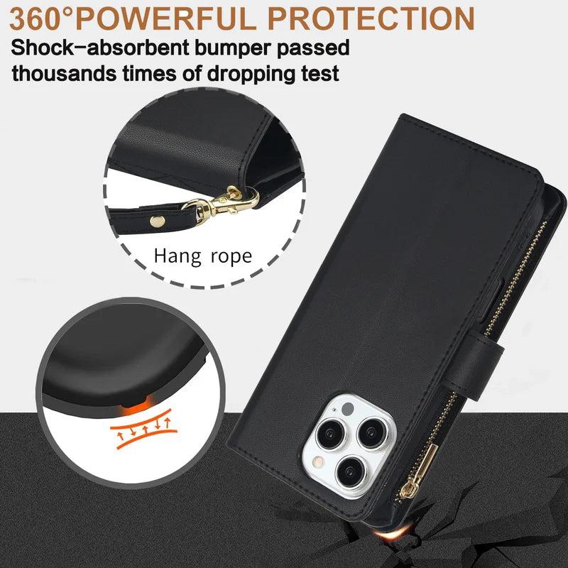 Premium iPhone Case Chain Zipper Wallet Flip Cover 6 Card Slots Magnetic Shockproof Leather Protection