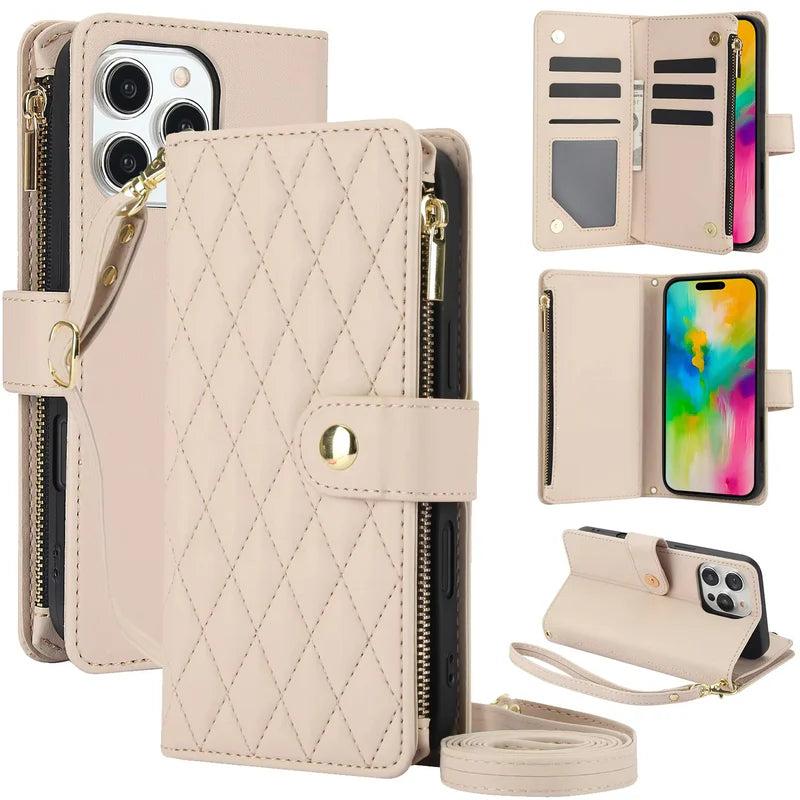 Premium iPhone Case Chain Zipper Wallet Flip Cover 6 Card Slots Magnetic Shockproof Leather Protection