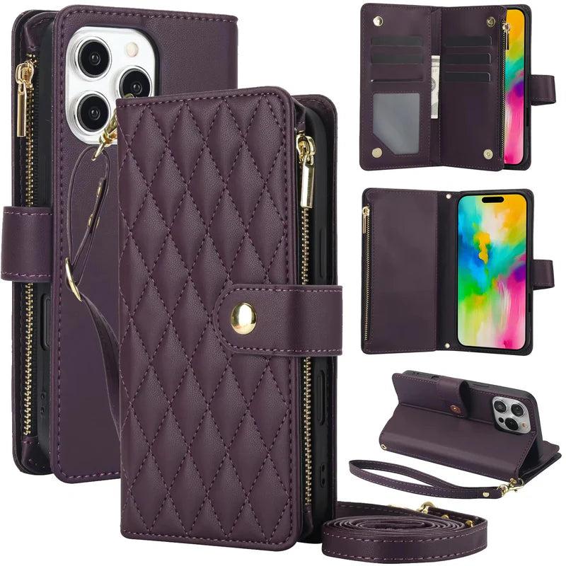 Premium iPhone Case Chain Zipper Wallet Flip Cover 6 Card Slots Magnetic Shockproof Leather Protection