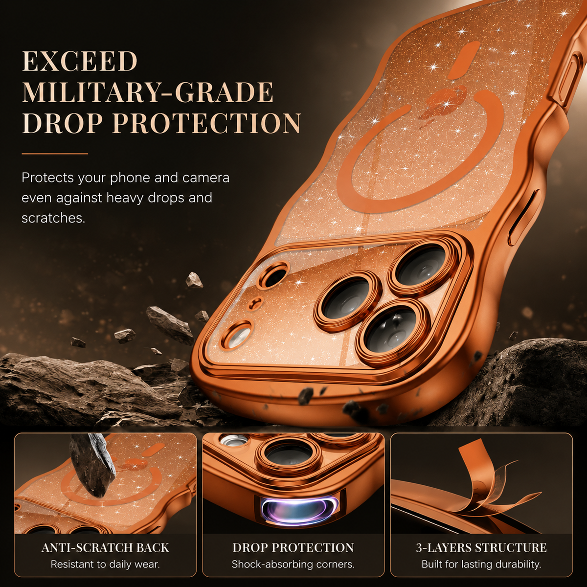 Premium iPhone Case Clear Glitter Magnetic Hard Cover MagSafe Compatible Plated Wavy Frame Anti Slip Protective Case