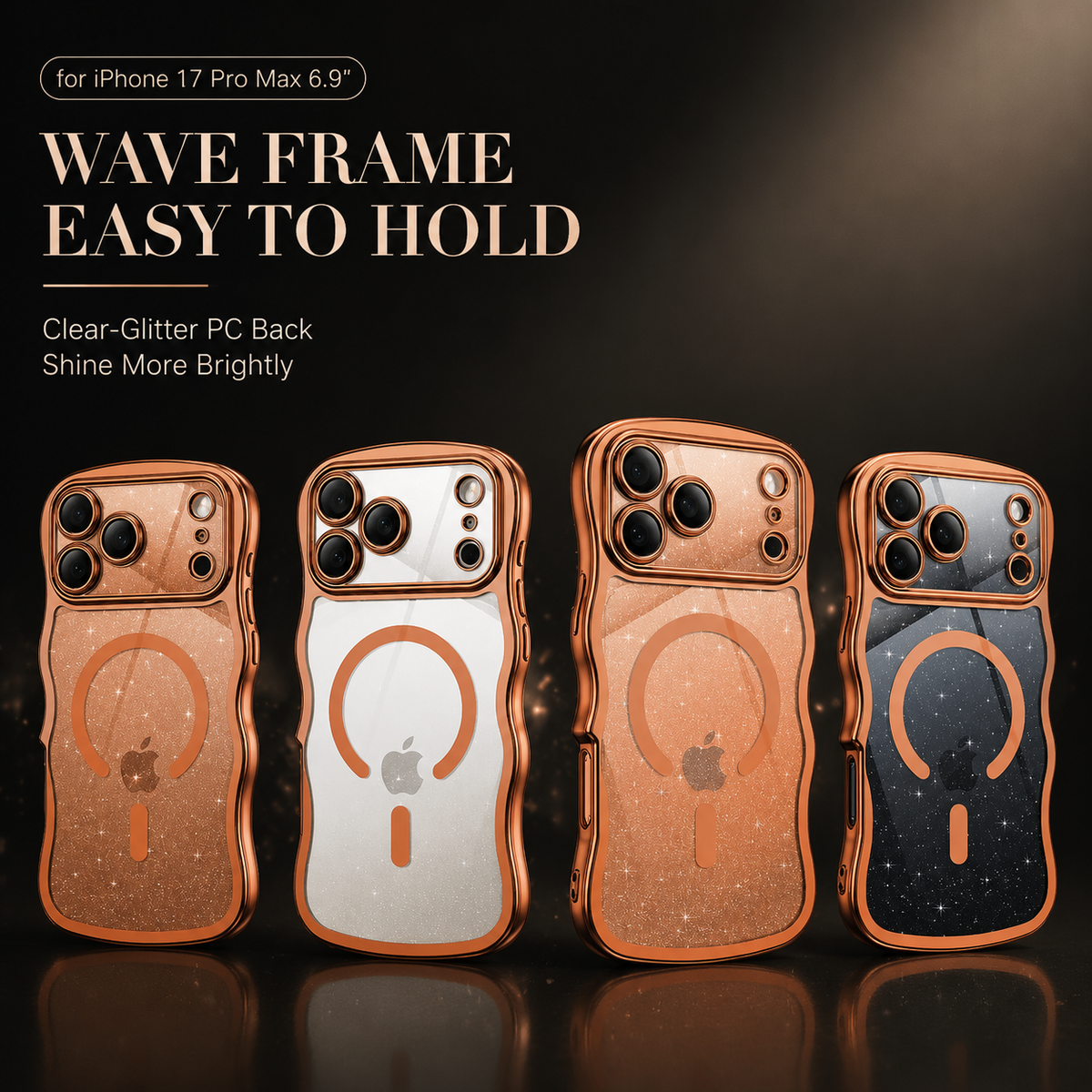 Premium iPhone Case Clear Glitter Magnetic Hard Cover MagSafe Compatible Plated Wavy Frame Anti Slip Protective Case