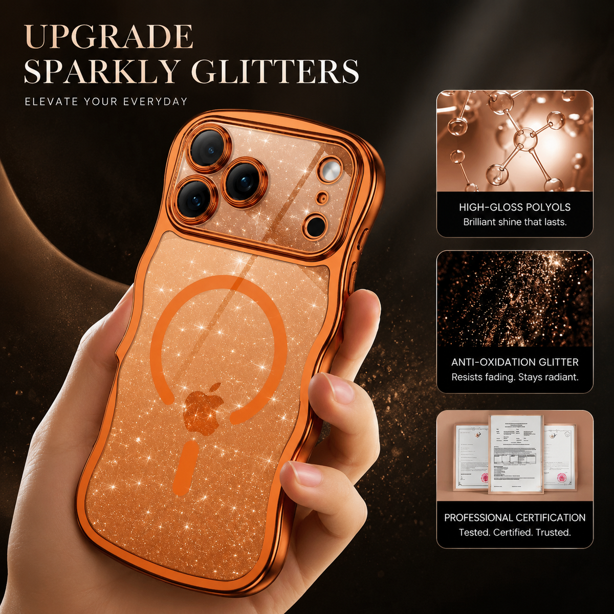 Premium iPhone Case Clear Glitter Magnetic Hard Cover MagSafe Compatible Plated Wavy Frame Anti Slip Protective Case
