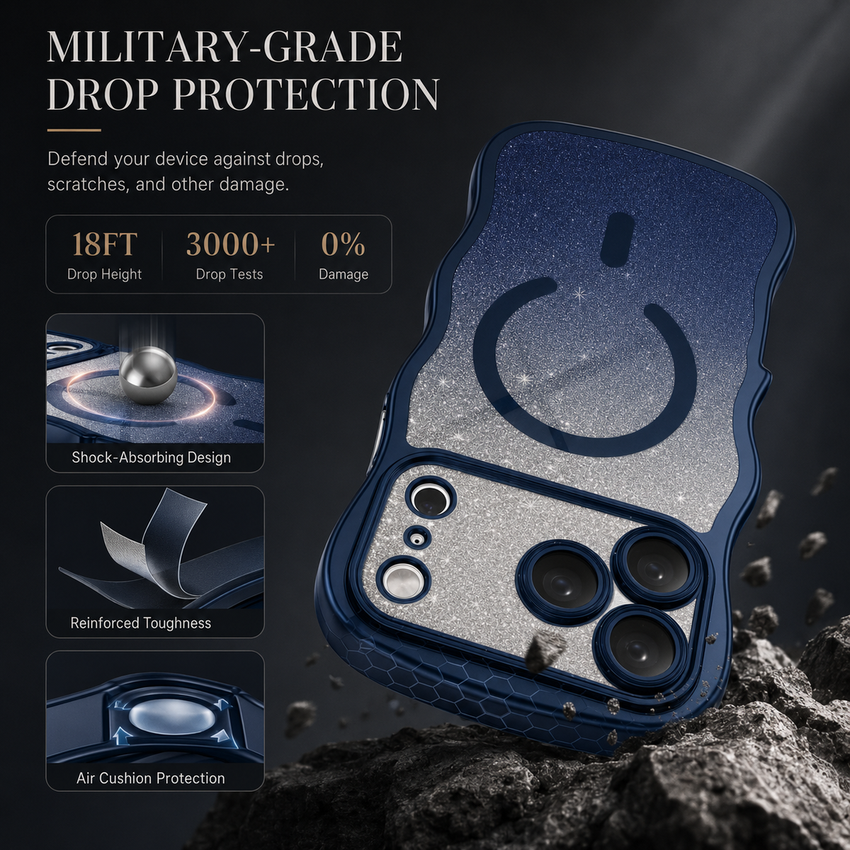 Premium iPhone Case Clear MagSafe Compatible Cover Full Camera Protection Cute Wave Frame DIY Glitter Protective Case