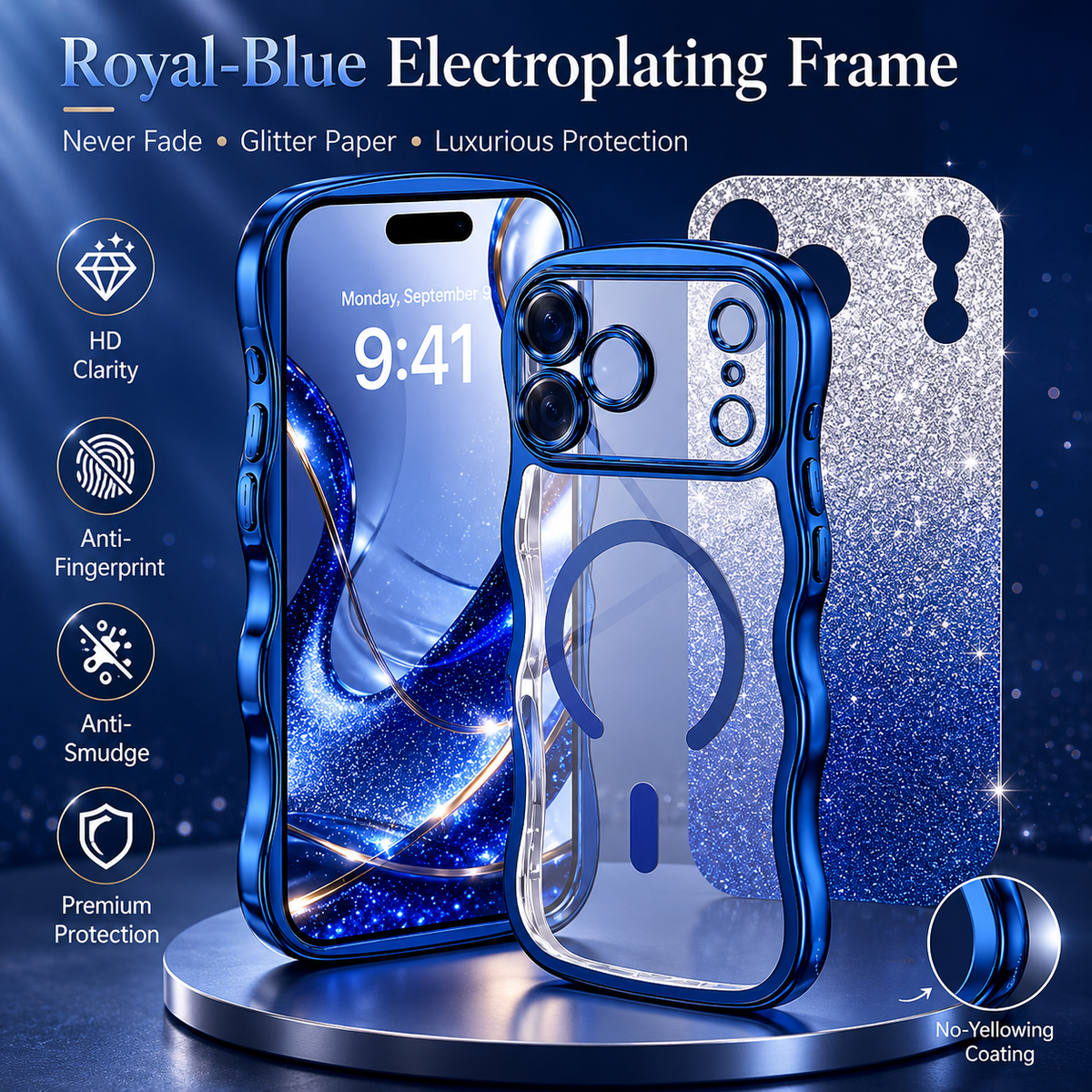 Premium iPhone Case Clear MagSafe Compatible Cover Full Camera Protection Cute Wave Frame DIY Glitter Protective Case