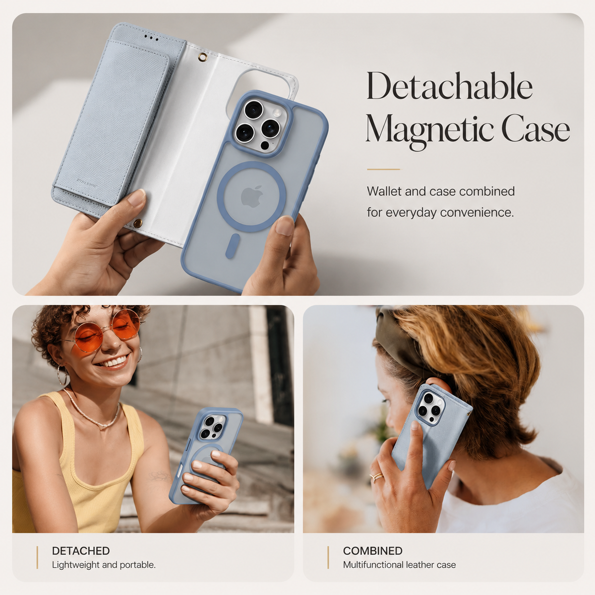 Premium iPhone Case Cow Leather Detachable Magnetic Wallet Cover with Card Slots Shockproof Drop Protection Wireless Charging Support and Lanyard Option