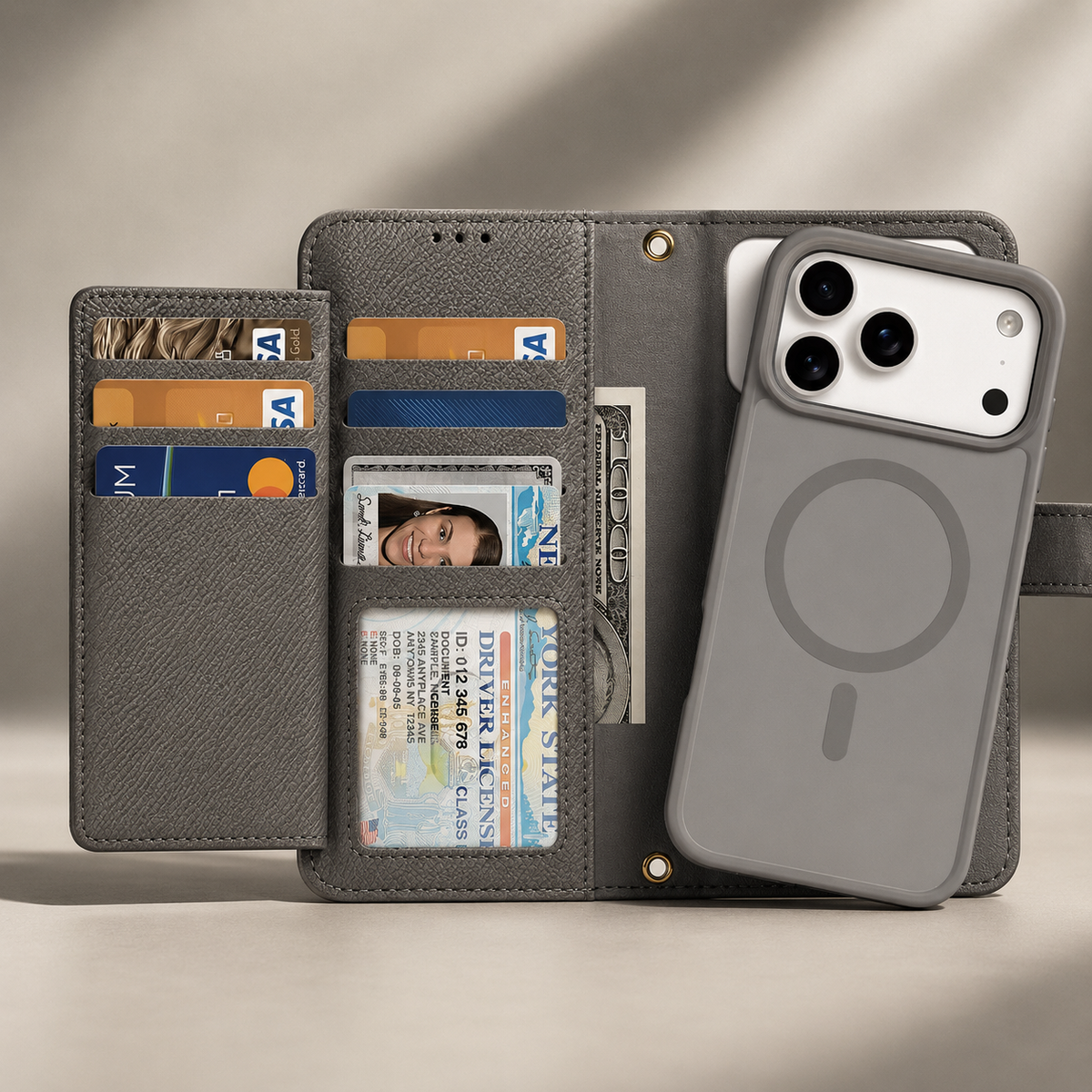 Premium iPhone Case Cow Leather Detachable Magnetic Wallet Cover with Card Slots Shockproof Drop Protection Wireless Charging Support and Lanyard Option