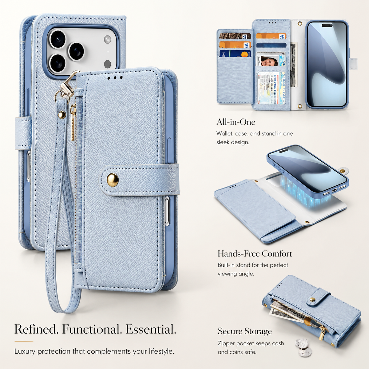 Premium iPhone Case Cow Leather Detachable Magnetic Wallet Cover with Card Slots Shockproof Drop Protection Wireless Charging Support and Lanyard Option