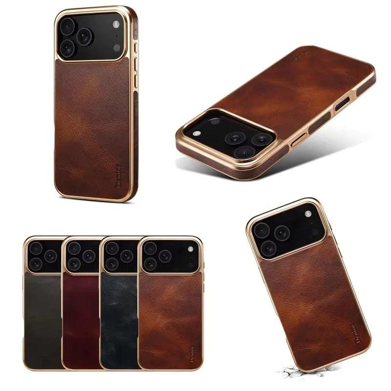 Premium iPhone Case Cowhide Electroplated Leather Cover Heat Resistant Skin Friendly Non Slip Lightweight Protective Case
