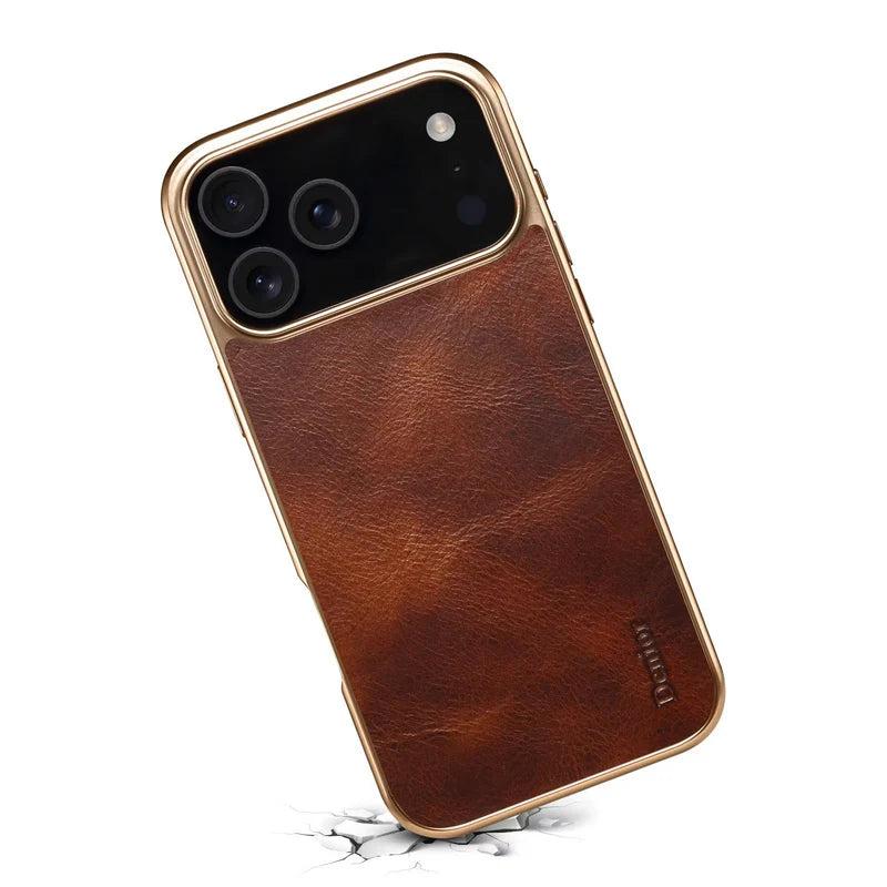 Premium iPhone Case Cowhide Electroplated Leather Cover Heat Resistant Skin Friendly Non Slip Lightweight Protective Case