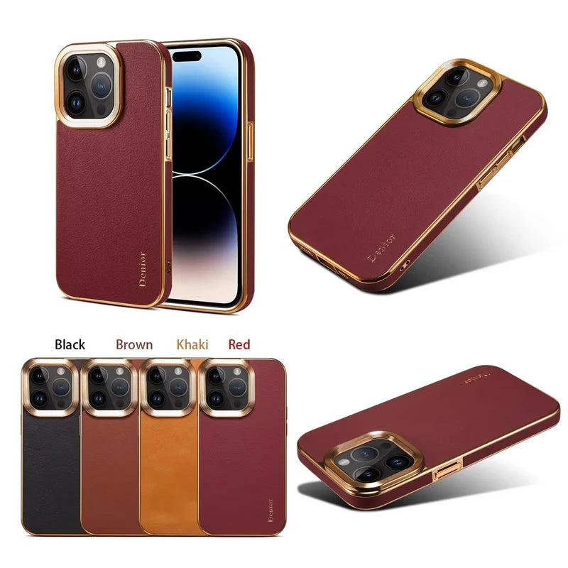 Premium iPhone Case Cowhide Electroplated Leather Cover Heat Resistant Skin Friendly Non Slip Lightweight Protective Case
