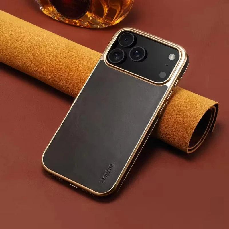 Premium iPhone Case Cowhide Electroplated Leather Cover Heat Resistant Skin Friendly Non Slip Lightweight Protective Case