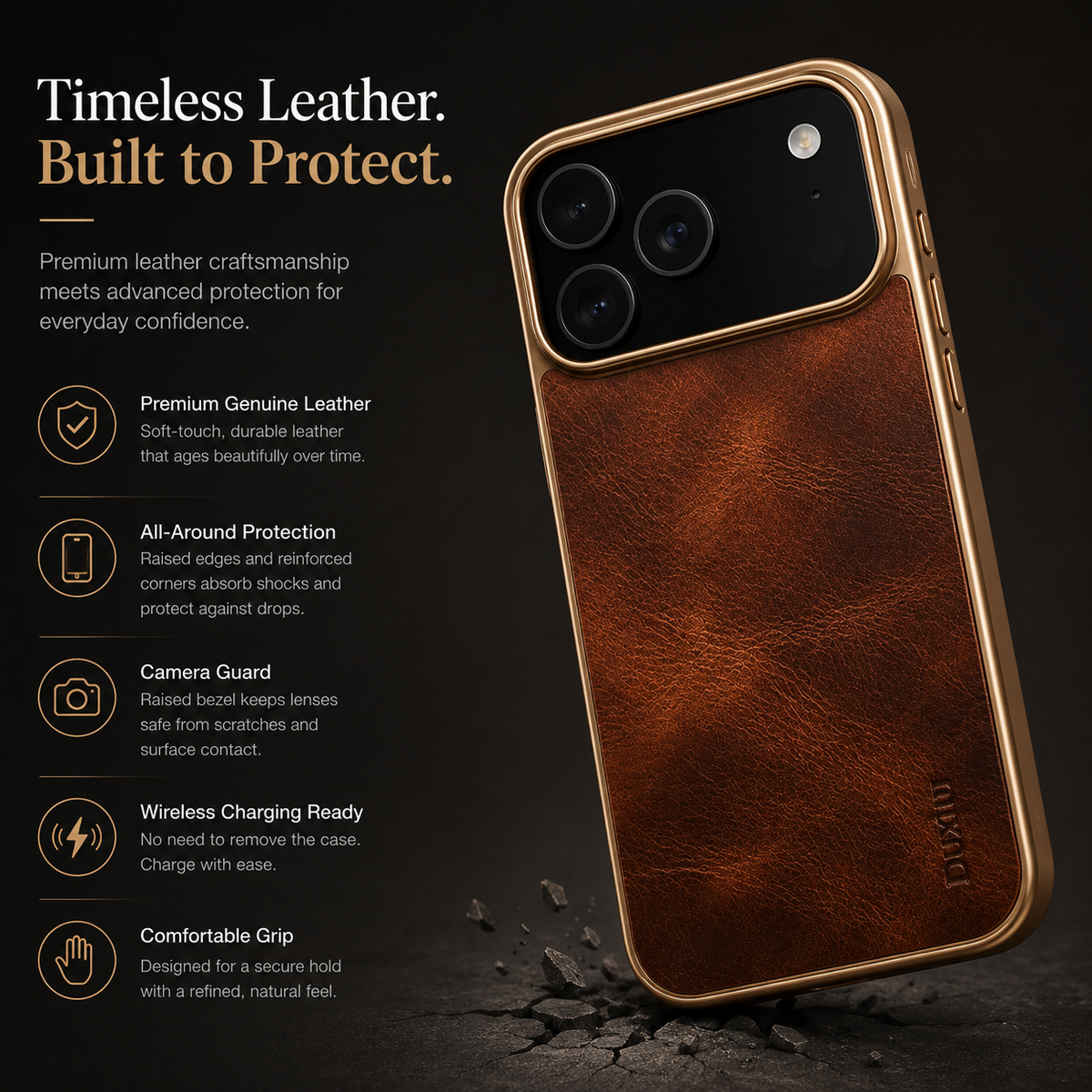 Premium iPhone Case Cowhide Electroplated Leather Cover Heat Resistant Skin Friendly Non Slip Lightweight Protective Case