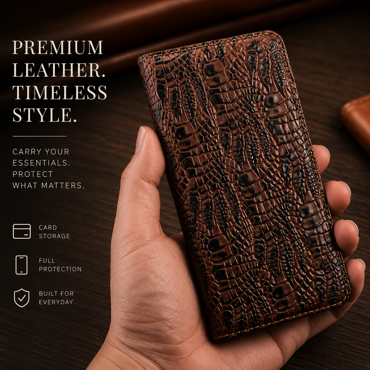 Premium iPhone Case Crocodile Texture Genuine Leather Flip Cover Card Pocket Non Slip Full Protection Design
