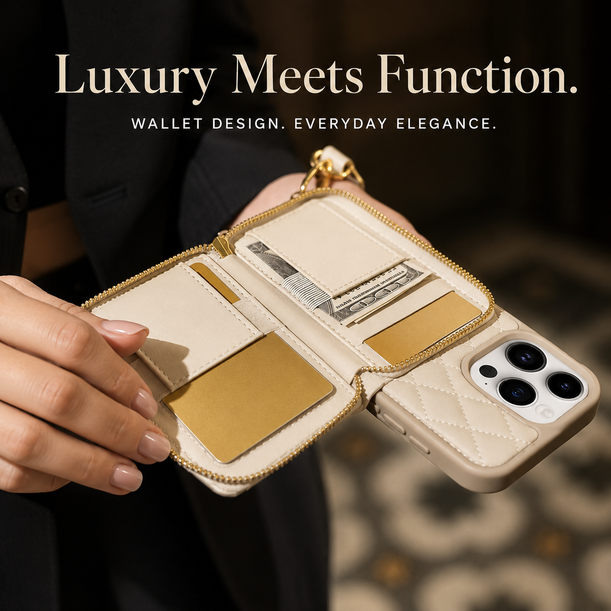 Premium iPhone Case Crossbody Leather Card Bag Diamond Stitch Chain Strap Shockproof Non Slip Portable Protective Cover