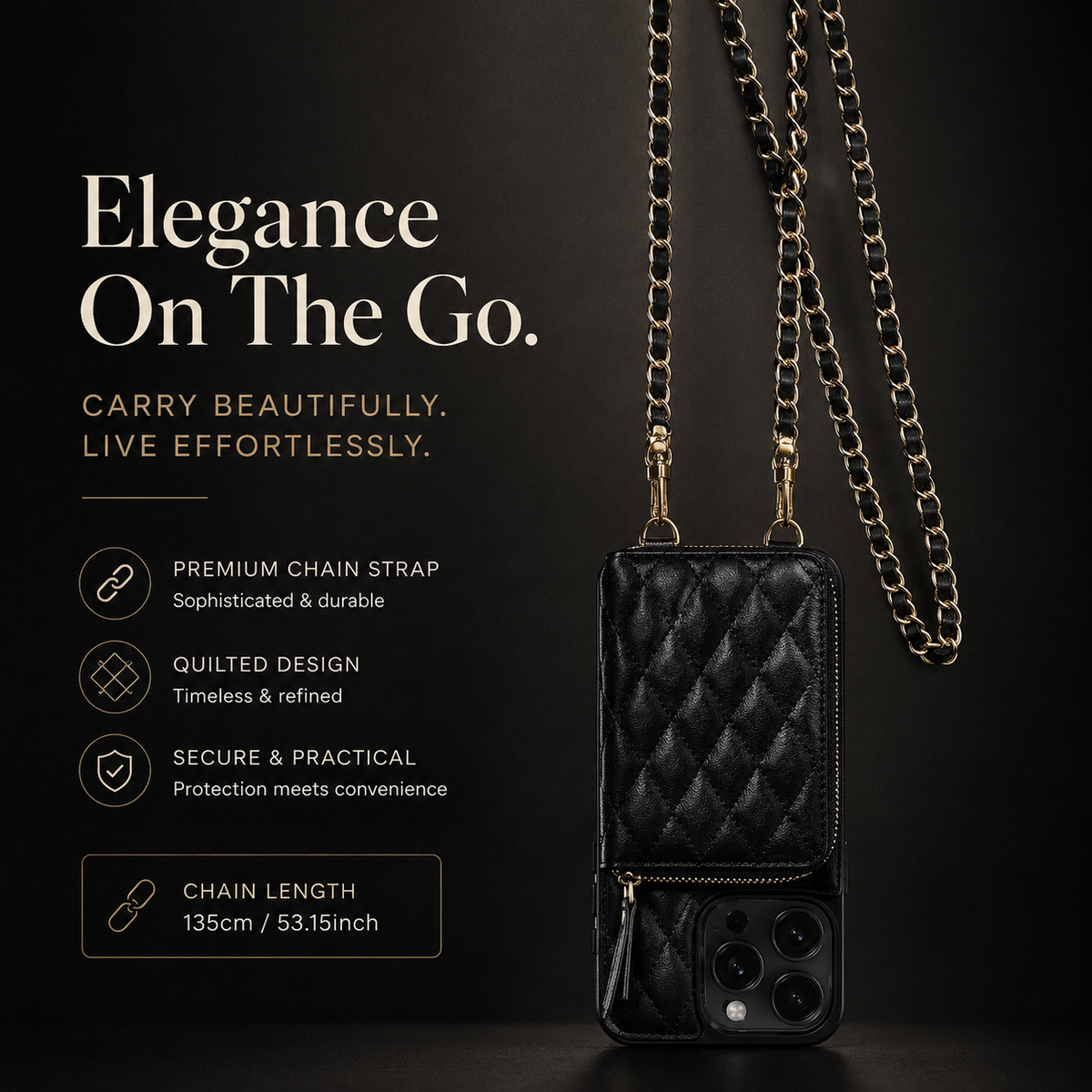 Premium iPhone Case Crossbody Leather Card Bag Diamond Stitch Chain Strap Shockproof Non Slip Portable Protective Cover