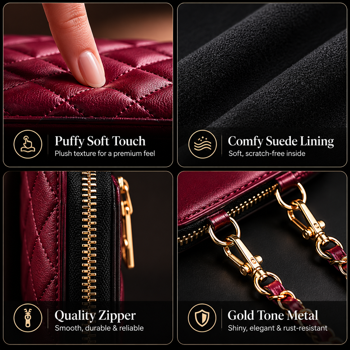 Premium iPhone Case Crossbody Leather Card Bag Diamond Stitch Chain Strap Shockproof Non Slip Portable Protective Cover