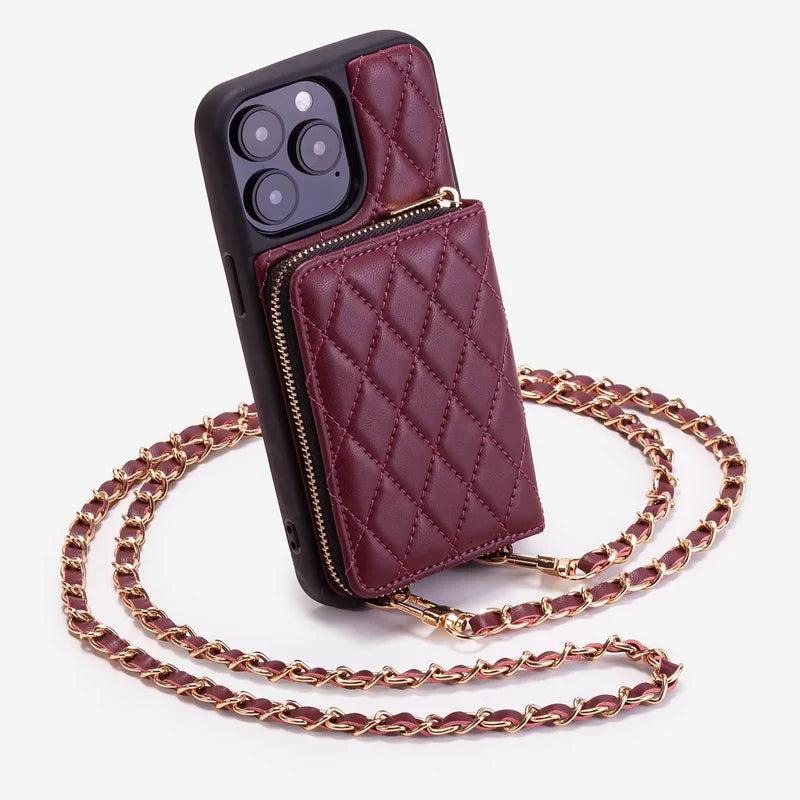 Premium iPhone Case Crossbody Leather Card Bag Diamond Stitch Chain Strap Shockproof Non Slip Portable Protective Cover