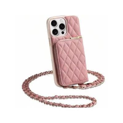 Premium iPhone Case Crossbody Leather Card Bag Diamond Stitch Chain Strap Shockproof Non Slip Portable Protective Cover