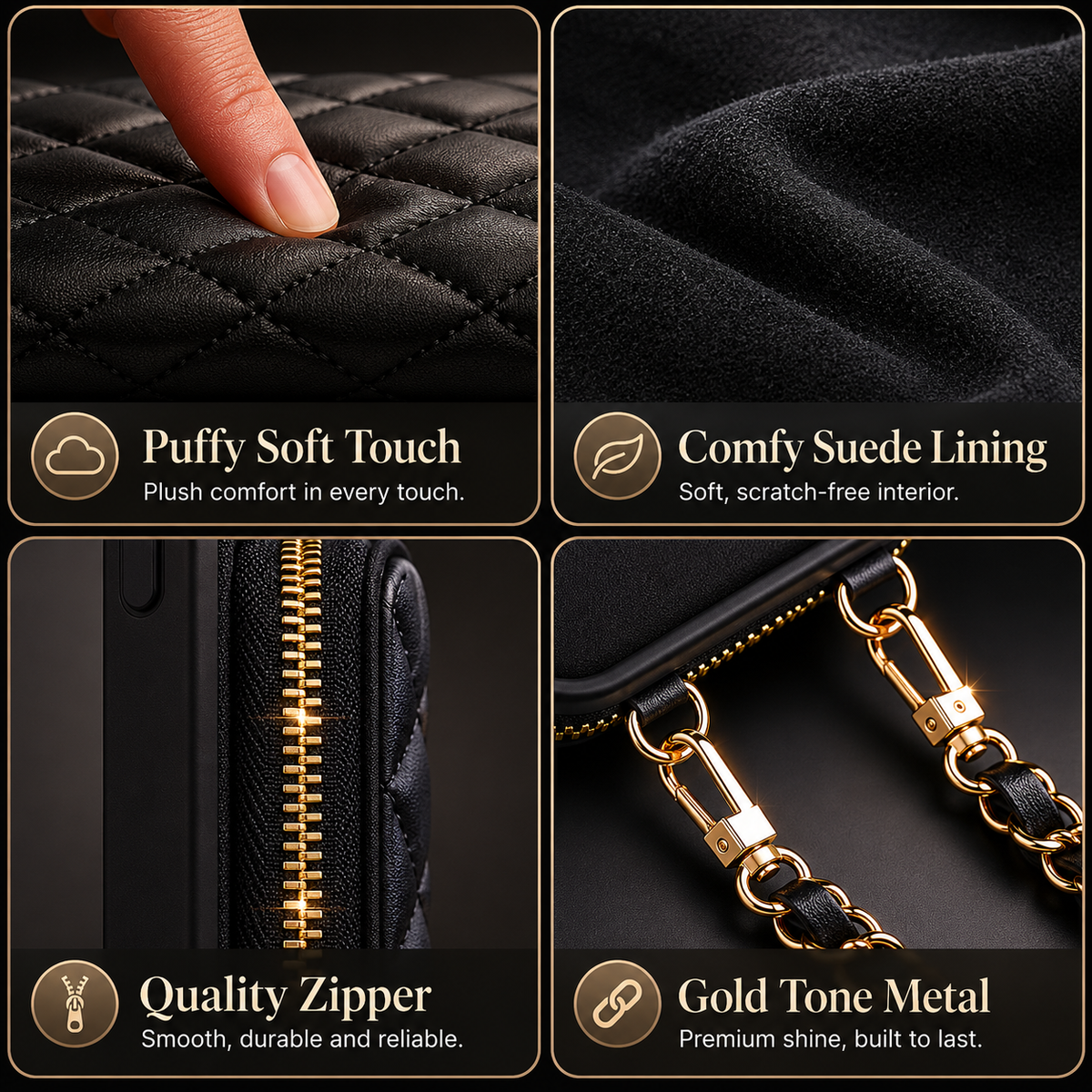 Premium iPhone Case Crossbody Leather Card Bag Diamond Stitch Chain Strap Shockproof Non Slip Portable Protective Cover